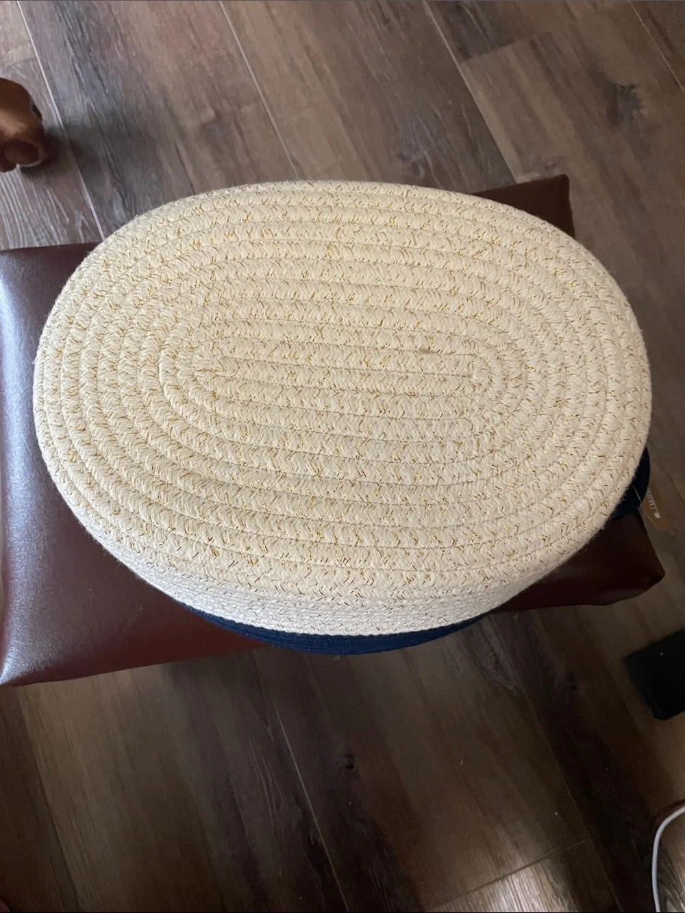 NEW Harvey Lewis Coiled Rope Oval Bin Storage Basket Blue Cream Gold Thread X2